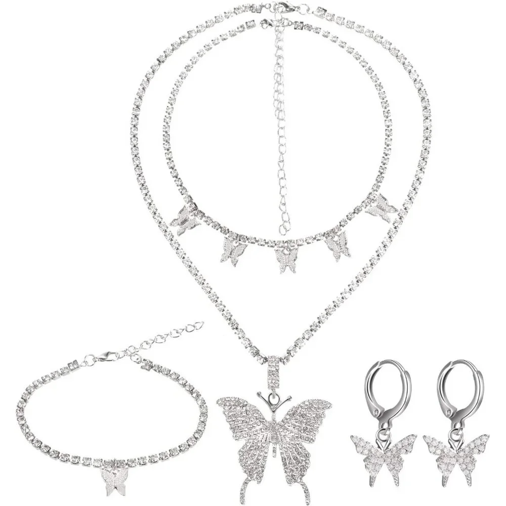 Big Butterfly Pendant Necklace Rhinestone Chain Shiny Crystal Choker Pendant Col